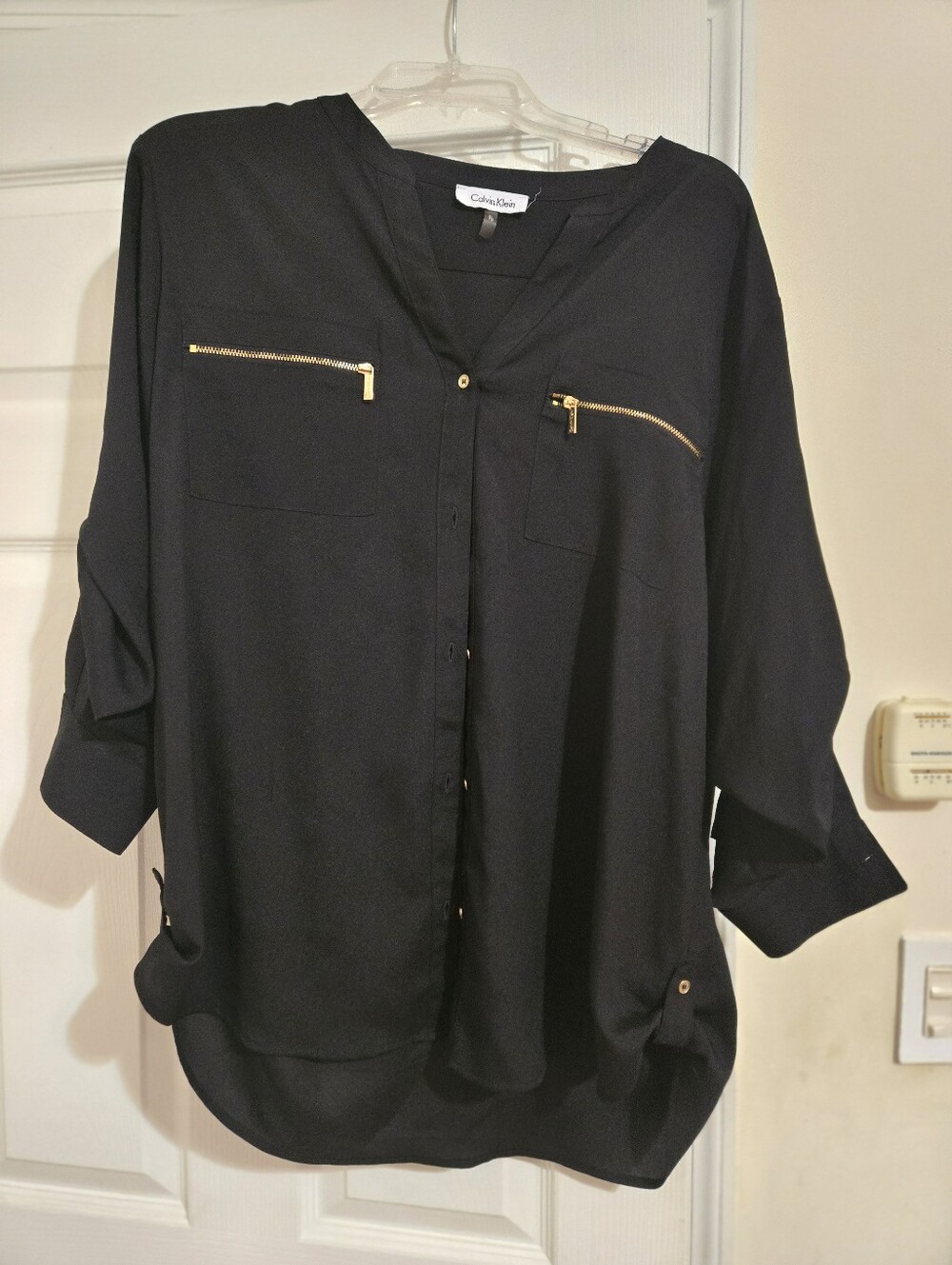 Calvin Klein Black Button-Front Blouse with Gold Zipper Detail
